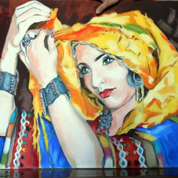 Malarstwo zatytułowany „Femme kabyle  au fo…” autorstwa Rahmouna Boudjellal, Oryginalna praca