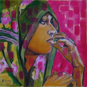 Pittura intitolato "Jeune femme au prof…" da Rahmouna Boudjellal, Opera d'arte originale, Olio