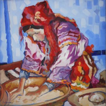 Pittura intitolato "Femme kabyle prépar…" da Rahmouna Boudjellal, Opera d'arte originale