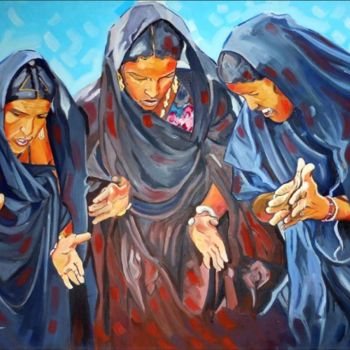 Painting titled "trois-femmes-targui…" by Rahmouna Boudjellal, Original Artwork, Oil