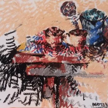 Disegno intitolato "coffee and  table." da Mouna Benserradj, Opera d'arte originale, Matite colorate