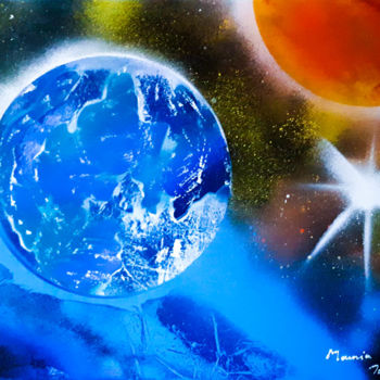 「” Terre et espace “」というタイトルの絵画 Mounia Loukrissによって, オリジナルのアートワーク, アクリル ウッドストレッチャーフレームにマウント