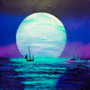 Peinture intitulée "” Coucher de Lune “" par Mounia Loukriss, Œuvre d'art originale, Acrylique