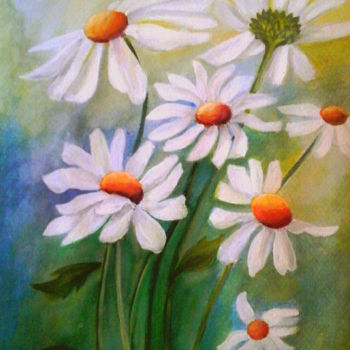 Painting titled "fleurs-marguerites-…" by Mounia Chaffai, Original Artwork