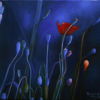 Painting titled "coquelicot-en-lumie…" by Mounia Chaffai, Original Artwork, Oil