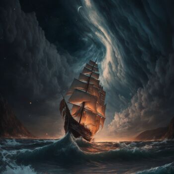 "Sailing Ship Fighti…" başlıklı Dijital Sanat Mounir Khalfouf tarafından, Orijinal sanat, AI tarafından oluşturulan görüntü
