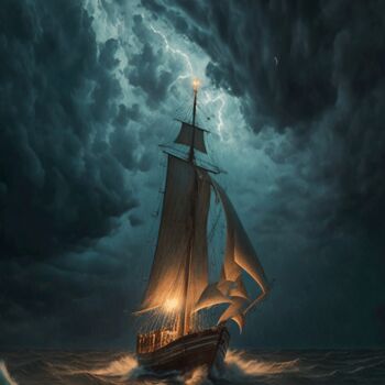 Digitale Kunst mit dem Titel "Sailing Ship Fighti…" von Mounir Khalfouf, Original-Kunstwerk, KI-generiertes Bild