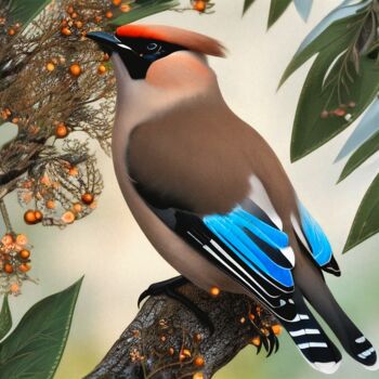 Arts numériques intitulée "Waxwing Bird On A B…" par Mounir Khalfouf, Œuvre d'art originale, Image générée par l'IA