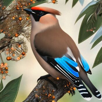 Artes digitais intitulada "Waxwing Bird On A B…" por Mounir Khalfouf, Obras de arte originais, Imagem gerada por IA