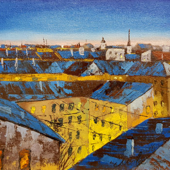 Painting titled "Rooftops at night" by Tigran Movsisyan, Original Artwork, Oil