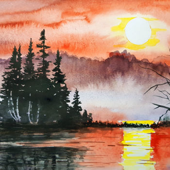 Painting titled "Red sunset watercol…" by Tigran Movsisyan, Original Artwork, Watercolor