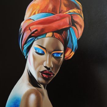 Painting titled "African woman" by Kakajan Charyyev, Original Artwork, Oil Mounted on Wood Stretcher frame