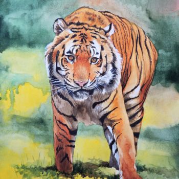 Pintura intitulada "Powerful tiger" por Kakajan Charyyev, Obras de arte originais, Aquarela