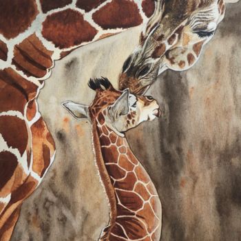 Painting titled "Giraffes" by Kakajan Charyyev, Original Artwork, Watercolor