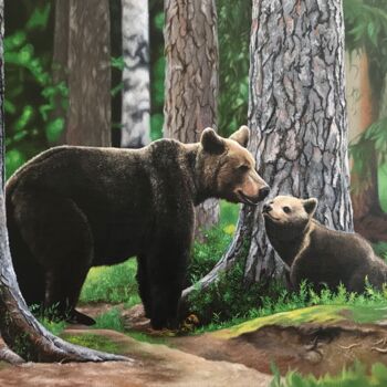 Peinture intitulée "Bears in the conife…" par Kakajan Charyyev, Œuvre d'art originale, Huile Monté sur Châssis en bois