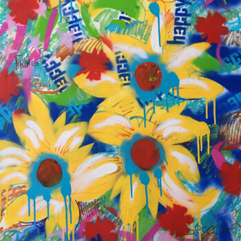 Painting titled "Happy sun flowers" by Mr. Salty, Original Artwork, Spray paint