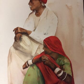 Ζωγραφική με τίτλο "A couple from Rajas…" από Mridula Gupta, Αυθεντικά έργα τέχνης, Ακουαρέλα