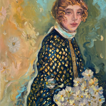 Painting titled "Lady with daisies" by Mr. Nekalo, Original Artwork, Oil