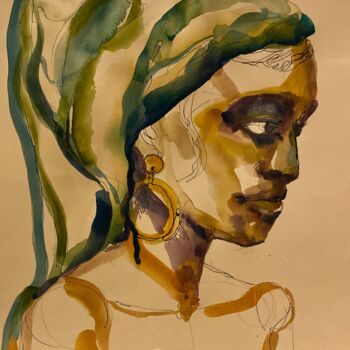 Drawing titled "Green shawl" by Mr. Nekalo, Original Artwork, Watercolor