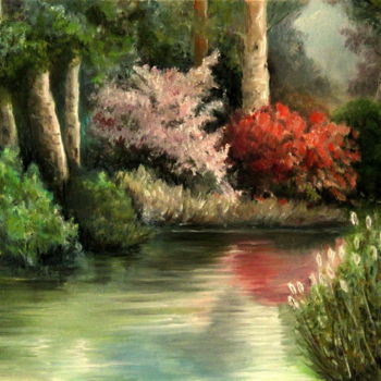 Schilderij getiteld "Forest pond" door Mike Satcher, Origineel Kunstwerk