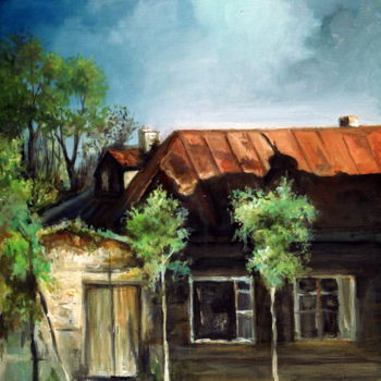 Schilderij getiteld "Old russian house" door Mike Satcher, Origineel Kunstwerk, Olie