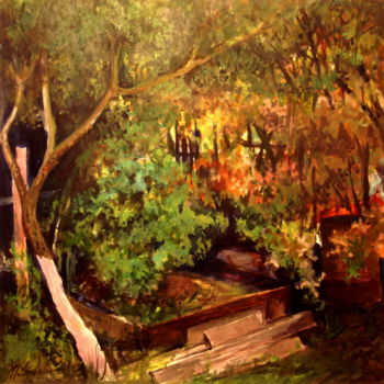 Painting titled "Garden Backyard Cor…" by Mike Satcher, Original Artwork, Watercolor