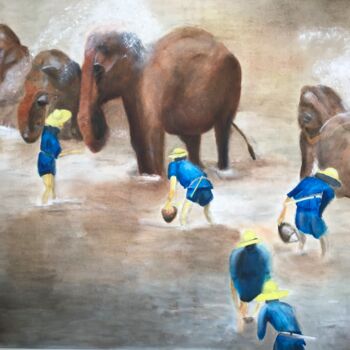Schilderij getiteld "Elefanten-Bad" door M.U.S.E., Origineel Kunstwerk, Olie