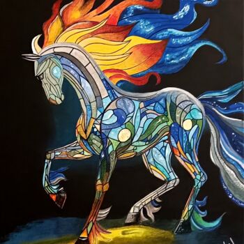 Schilderij getiteld "Prismatic stallion" door Mskal, Origineel Kunstwerk, Acryl Gemonteerd op Frame voor houten brancard