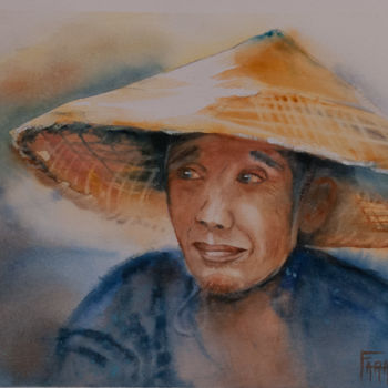 Schilderij getiteld "Chinois au chapeau" door Michelle Alias Farane Thébault, Origineel Kunstwerk, Aquarel