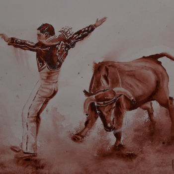 Pittura intitolato "Course de vache" da Michelle Alias Farane Thébault, Opera d'arte originale, Acquarello