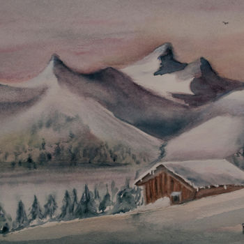 Pintura intitulada "L'hiver en montagne" por Michelle Alias Farane Thébault, Obras de arte originais, Aquarela