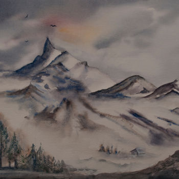 Painting titled "Les Pyrénées en hiv…" by Michelle Alias Farane Thébault, Original Artwork, Watercolor