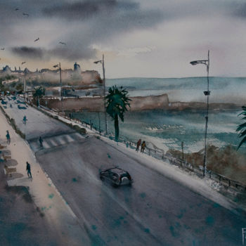 Schilderij getiteld "La corniche" door Michelle Alias Farane Thébault, Origineel Kunstwerk, Aquarel