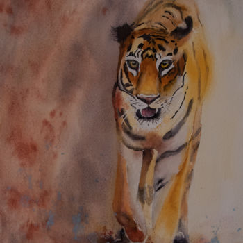 Pittura intitolato "Tigre" da Michelle Alias Farane Thébault, Opera d'arte originale, Acquarello