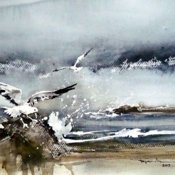 Malarstwo zatytułowany „Seascape with gulls” autorstwa Mugur Popa, Oryginalna praca, Olej