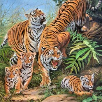 Peinture intitulée "Tiger Family" par Mujiono, Œuvre d'art originale, Huile