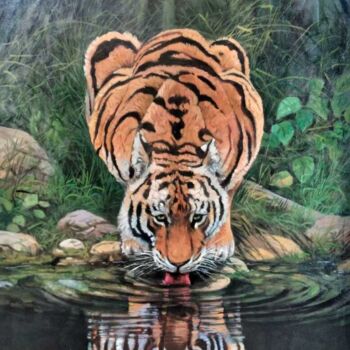 Peinture intitulée "Thirsty Tiger" par Mujiono, Œuvre d'art originale, Huile