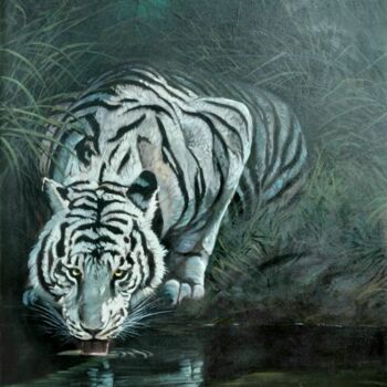 Schilderij getiteld "Thirsty Tiger #2" door Mujiono, Origineel Kunstwerk, Olie