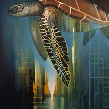 Painting titled "city turtle" by Yura Matiyashchuk, Original Artwork, Oil Mounted on Wood Panel