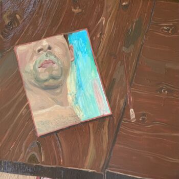 Painting titled "Self portrait" by Murat Bulut, Original Artwork, Oil Mounted on Wood Panel