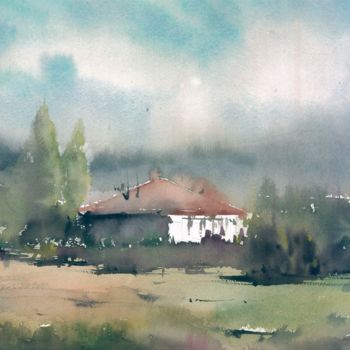 Painting titled "KÖY EVLERİ" by Murat Bakir, Original Artwork, Watercolor