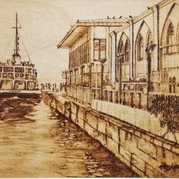 Gravures & estampes intitulée "The port of Eminonu" par Murat Yilmaz, Œuvre d'art originale, Encaustique