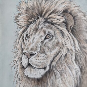 Painting titled "Le lion royal" by Muriel Besnard, Original Artwork, Ink Mounted on Wood Stretcher frame