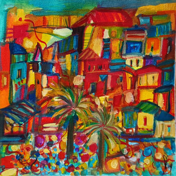 Pintura intitulada "Quartier de damiers" por Muriel Cayet, Obras de arte originais, Aquarela