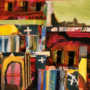 Peinture intitulée "Village en rose et…" par Muriel Cayet, Œuvre d'art originale, Collages Monté sur Carton