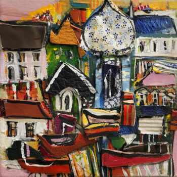 Painting titled "Village au bulbe" by Muriel Cayet, Original Artwork, Acrylic Mounted on Wood Stretcher frame