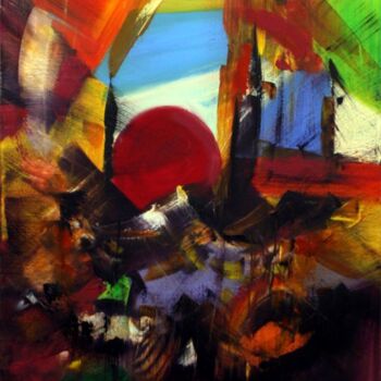 Schilderij getiteld "Soleil rouge" door Muriel Cayet, Origineel Kunstwerk