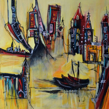 Pintura intitulada "Les trois barques" por Muriel Cayet, Obras de arte originais