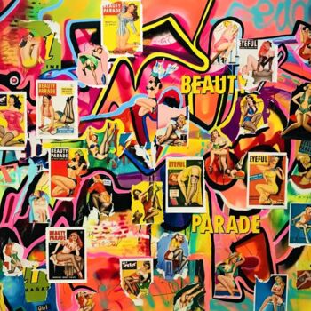 Collages getiteld "PIN UP UNIVERSE" door Muriel Deumie, Origineel Kunstwerk, Graffiti Gemonteerd op Frame voor houten branca…