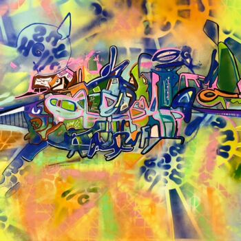 Schilderij getiteld "SpaceBeat" door Muriel Deumie, Origineel Kunstwerk, Graffiti Gemonteerd op Frame voor houten brancard